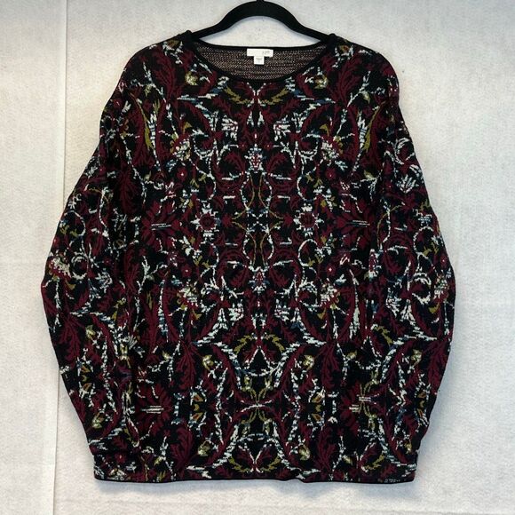 J. JILL Women’s Sweater Large Black Red Multi Knit Floral Jacquard Long Sleeve - Picture 1 of 12